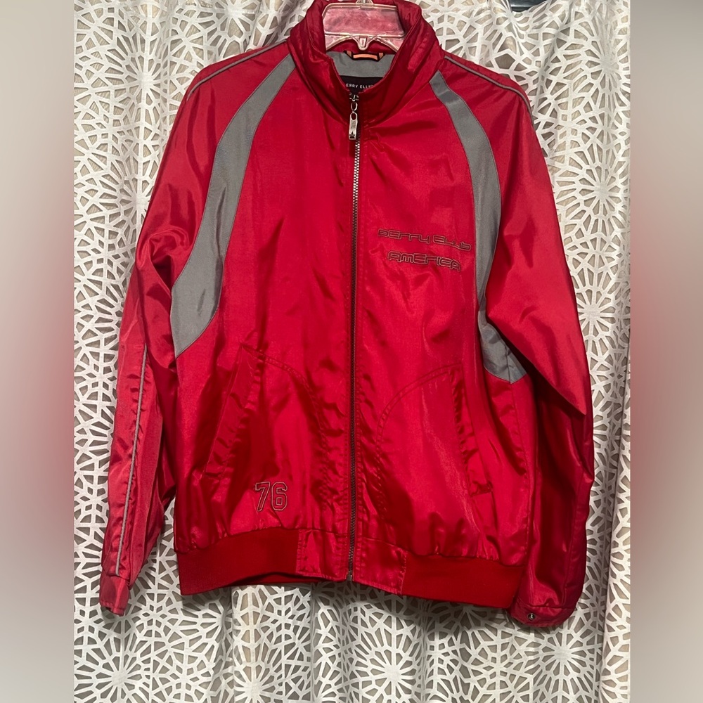Vintage Perry Ellis America Windbreaker Red Gray Medium 90s Retro Jacket